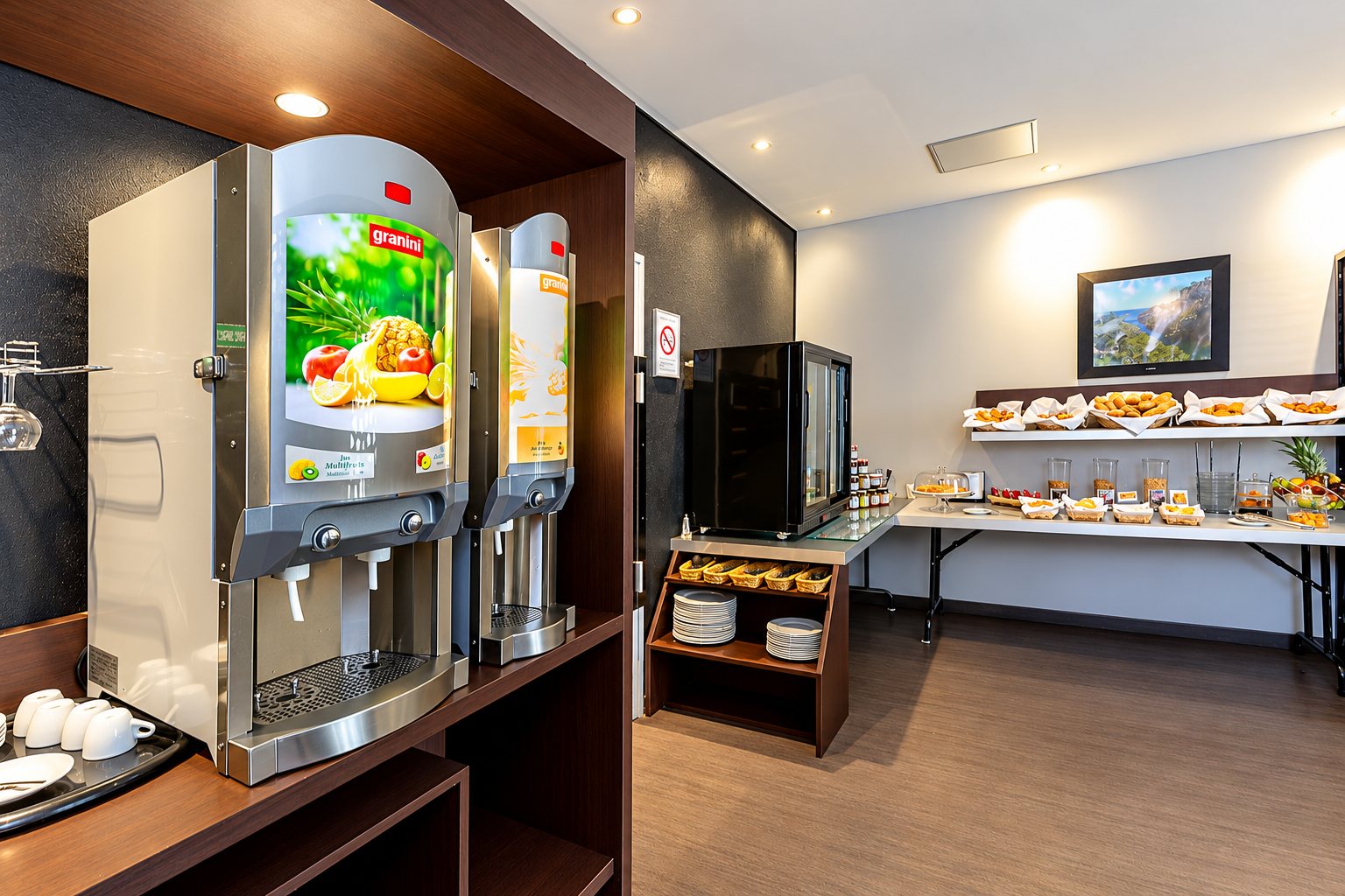 Salle de petit-déjeuner avec deux distributeurs de jus de fruits et le buffet au fond
